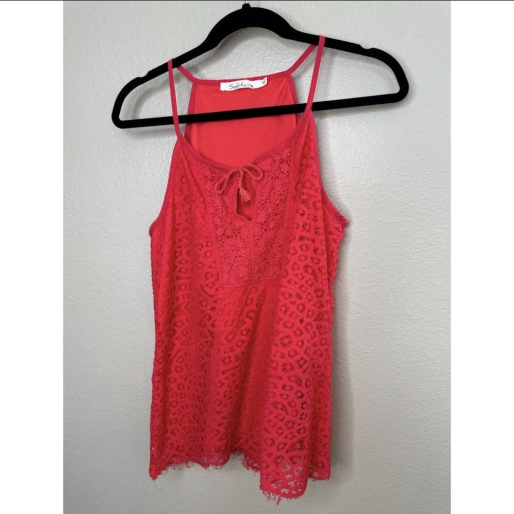 SOLITAIRE Red Lace Sleeveless Top Small Lined Eyelash Hem Tassel Ties